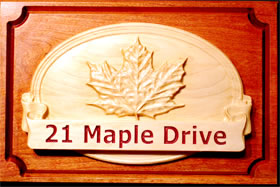 Address Plaque - Applique style, maple leaf address in maple on a cherry wood base